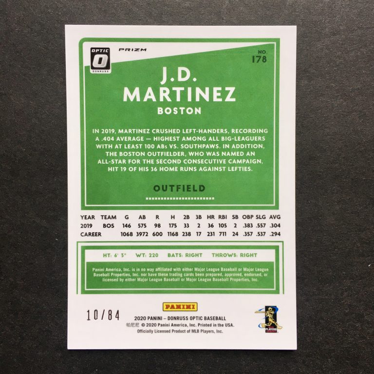 J.D. Martinez 2020 Donruss Optic Green Dragon Prizm /84