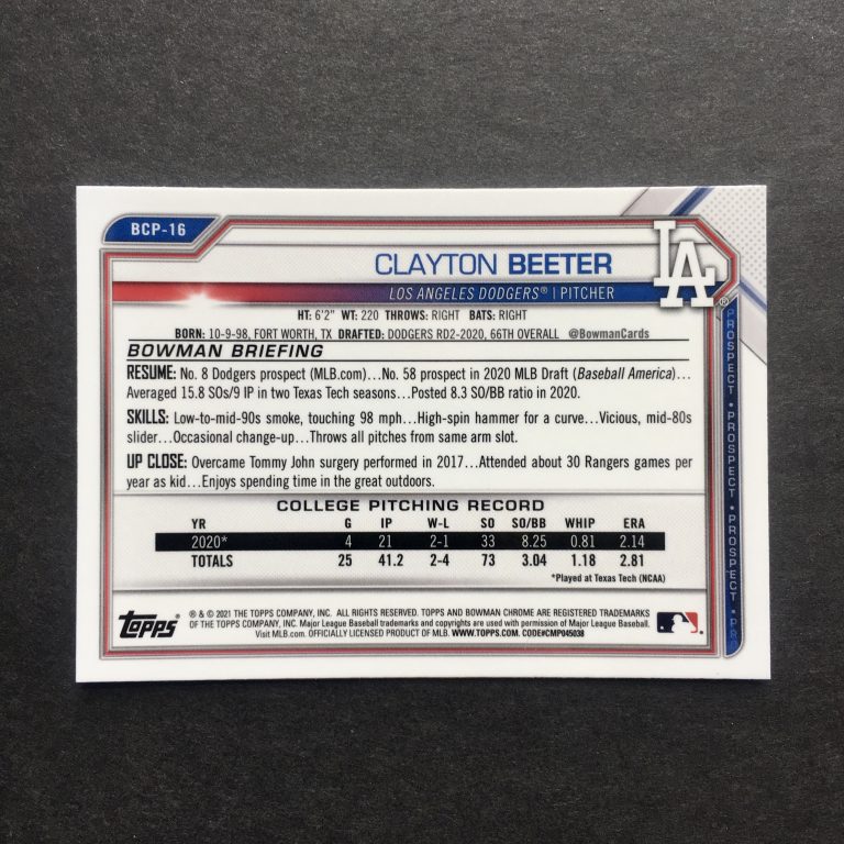 Clayton Beeter 2021 Bowman Chrome Sapphire Card