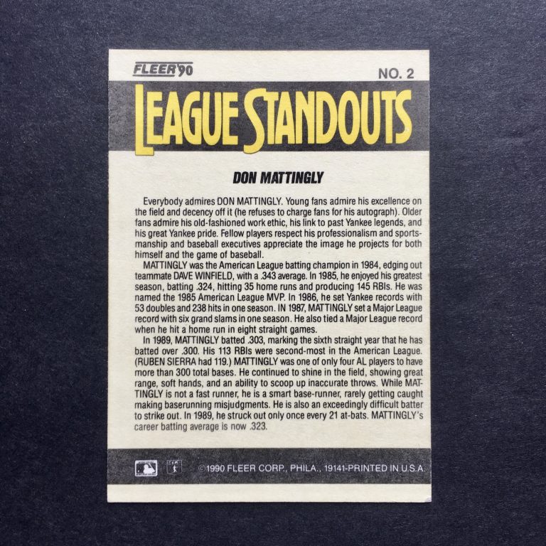 Don Mattingly 1990 Fleer League Standouts Insert