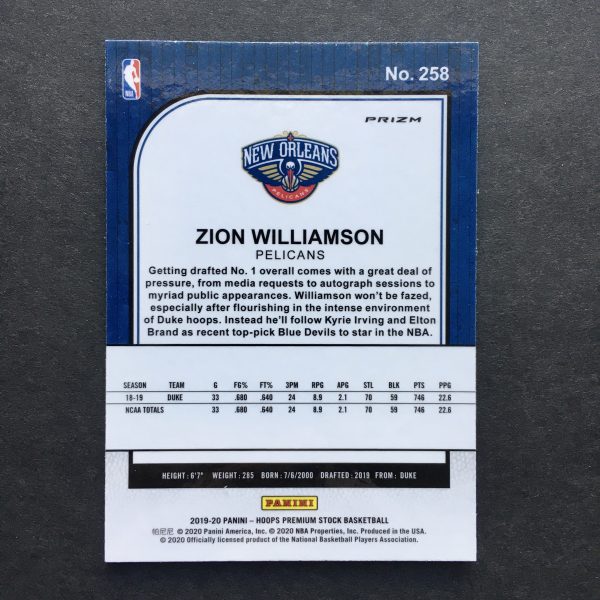 Zion Williamson 2019-20 Hoops Premium Stock Blue Cracked Ice Prizm RC