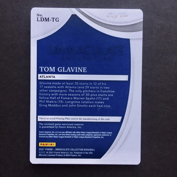 Tom Glavine 2021 Immaculate Black Printing Plate Patch Card 1/1