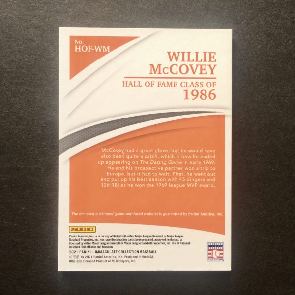 Willie McCovey 2021 Immaculate Hall of Fame Jersey Patch /9