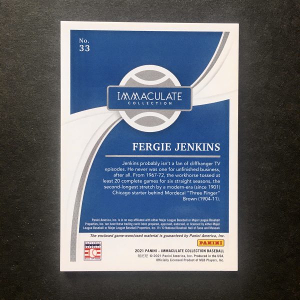 Fergie Jenkins 2021 Immaculate Jersey Patch Card