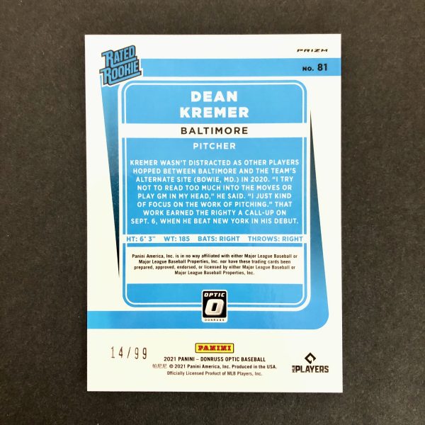 Dean Kremer 2021 Donruss Optic Blue Pandora Prizm Rated Rookie /99