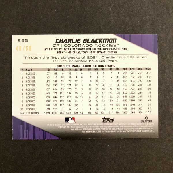 Charlie Blackmon 2021 Topps Archives 140 Years Red Foil /50