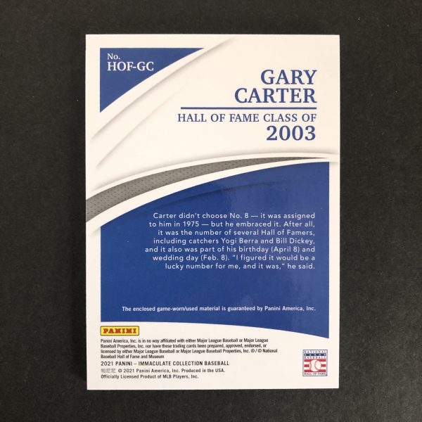 Gary Carter 2021 Immaculate Collection Hall of Fame Jersey Relic