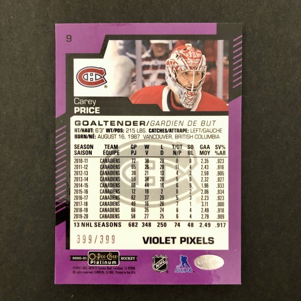 Carey Price 2020-21 O-Pee-chee Platinum Violet Pixels /399