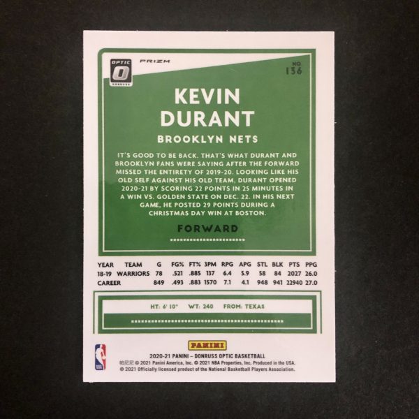Kevin Durant 2020-21 Donruss Optic Purple Shock Prizm