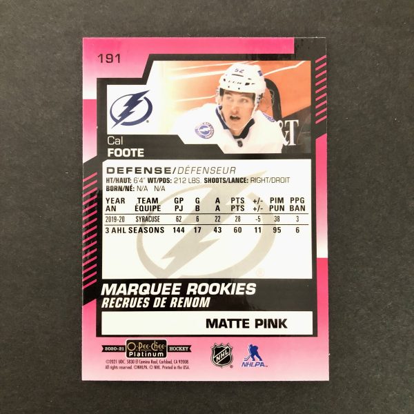 Cal Foote 2020-21 O-Pee-Chee Platinum Matte Pink Marquee Rookies