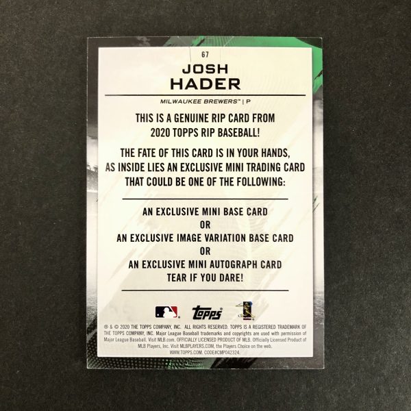Josh Hader 2020 Topps Rip Card UNRIPPED /99