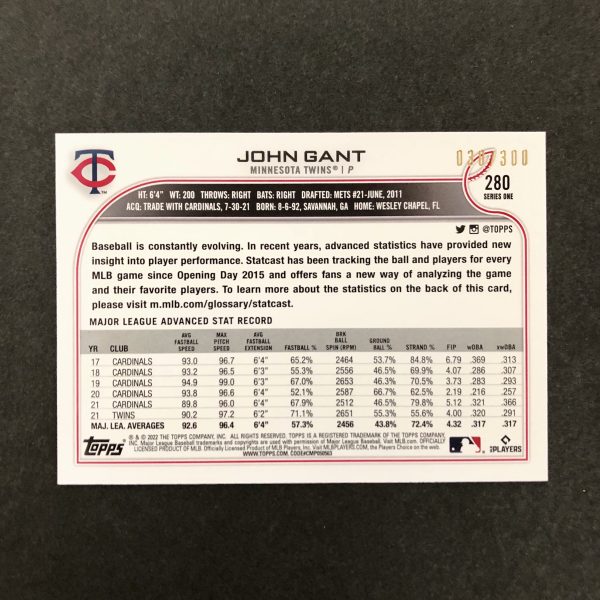 John Gant 2022 Topps Series 1 Advanced Stats /300