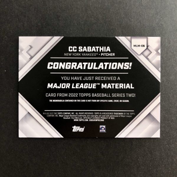 CC Sabathia 2022 Topps Major League Materials Relic Black /199