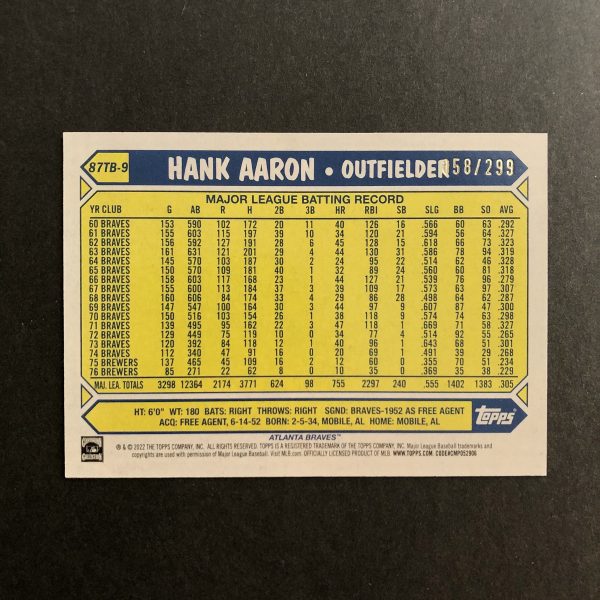 Hank Aaron 2022 Topps Series 2 1987 Black /299