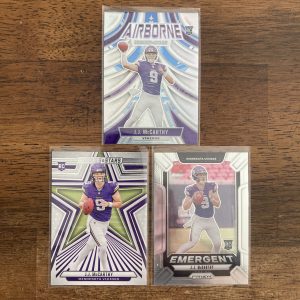 jj mccarthy lot of football cards, rookie rc - instant collection bundle pack