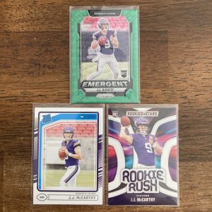 jj mccarthy lot of football cards, rookie rc - instant collection bundle pack