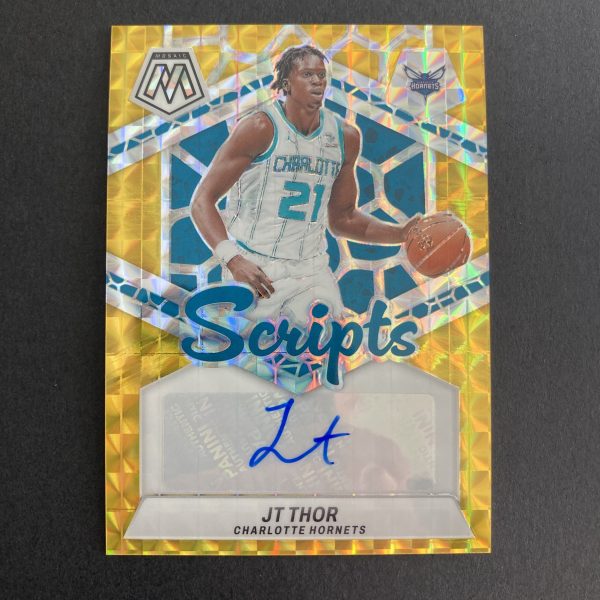 JT Thor 2023-24 Panini Mosaic Scripts SSP Gold Mosaic Prizm auto insert card #MS-JTH, serial numbered 09/10