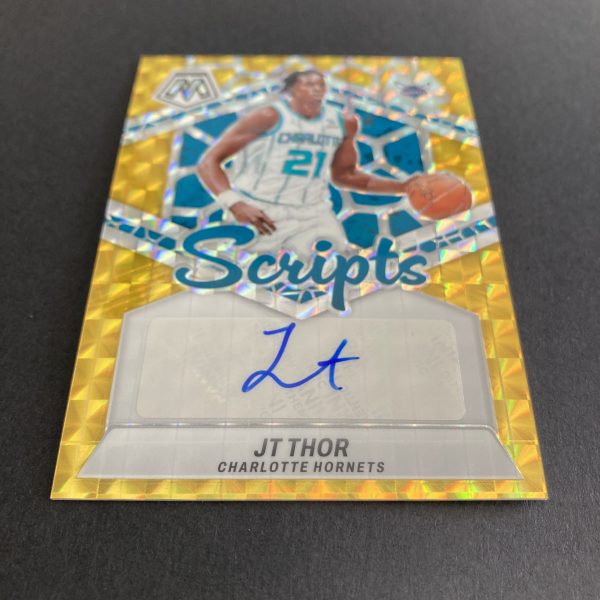 JT Thor 2023-24 Panini Mosaic Scripts SSP Gold Mosaic Prizm auto insert card #MS-JTH, serial numbered 09/10