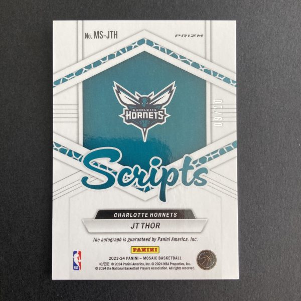JT Thor 2023-24 Panini Mosaic Scripts SSP Gold Mosaic Prizm auto insert card #MS-JTH, serial numbered 09/10