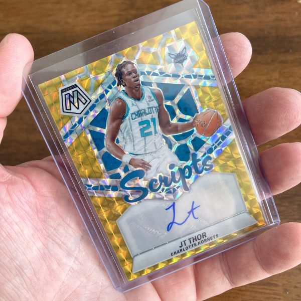 JT Thor 2023-24 Panini Mosaic Scripts SSP Gold Mosaic Prizm auto insert card #MS-JTH, serial numbered 09/10
