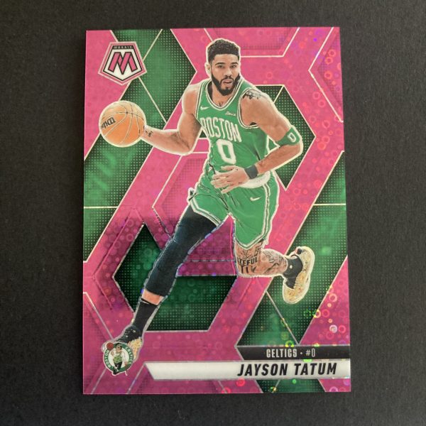 Jayson Tatum 2024-25 Panini Mosaic SSP Fast Break Pink Disco Prizm parallel card #188, serial numbered 19/20