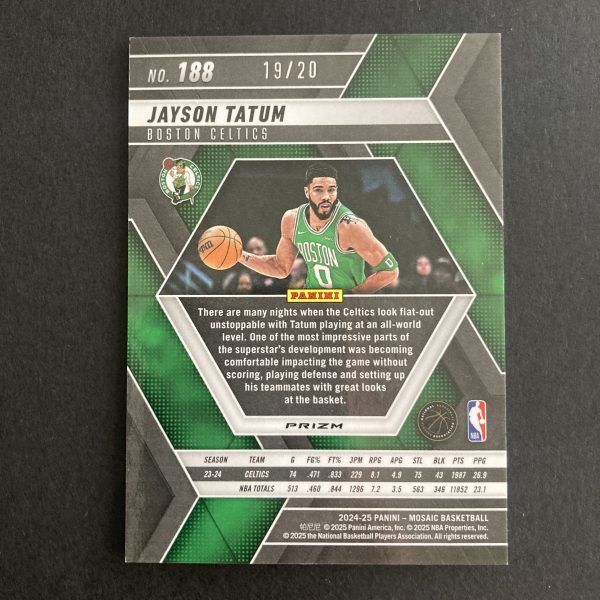 Jayson Tatum 2024-25 Panini Mosaic SSP Fast Break Pink Disco Prizm parallel card #188, serial numbered 19/20