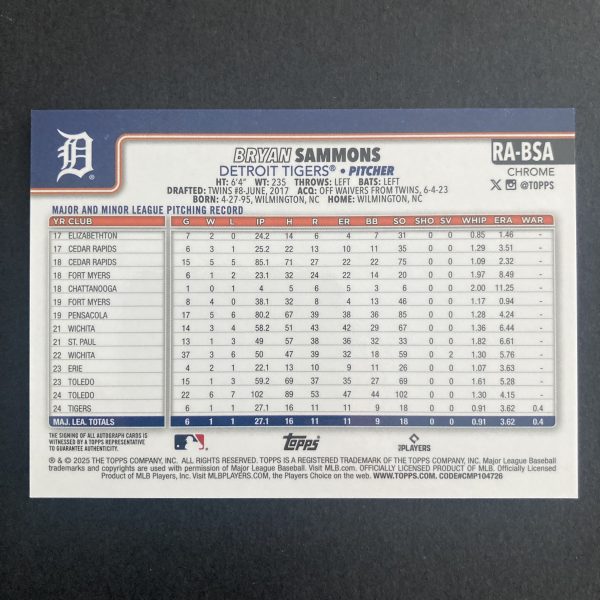 Bryan Sammons 2025 Topps Chrome Rookie Autographs Blue Raywave Refractor (#'ed 113/150) On-Card Auto Rookie #RA-BSA