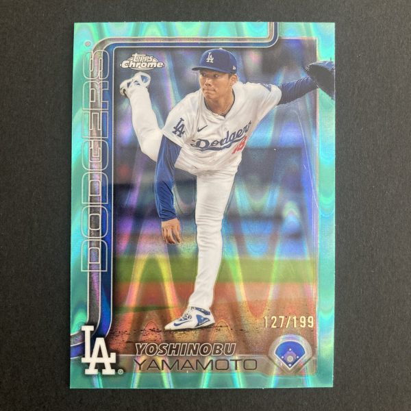 Yoshinobu Yamamoto 2025 Topps Chrome SP Aqua Raywave Refractor (#'ed 127/199) Card #179