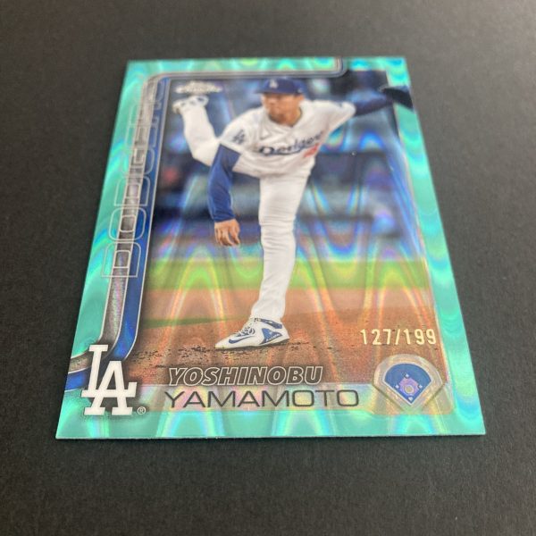 Yoshinobu Yamamoto 2025 Topps Chrome SP Aqua Raywave Refractor (#'ed 127/199) Card #179