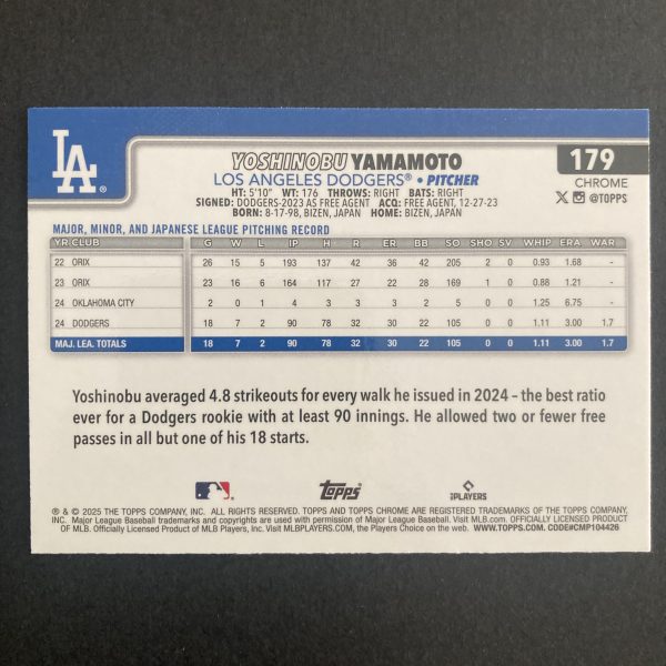 Yoshinobu Yamamoto 2025 Topps Chrome SP Aqua Raywave Refractor (#'ed 127/199) Card #179
