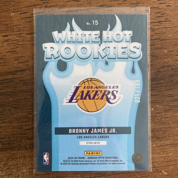 bronny james jr 2024-25 Panini Donruss Optic White Hot Rookies SP Lime Green Prizm parallel insert card, serial numbered 021/199