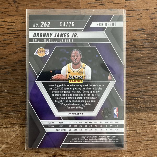 bronny james jr 2024-25 Panini Mosaic NBA Debut SSP Blue Fluorescent Prizm parallel RC, serial numbered 54/75