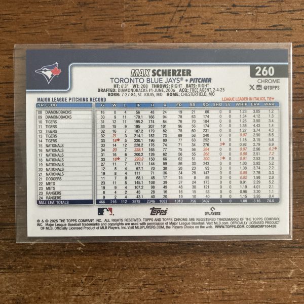 max Scherzer 2025 Topps Chrome orange Refractor serial numbered 20/25