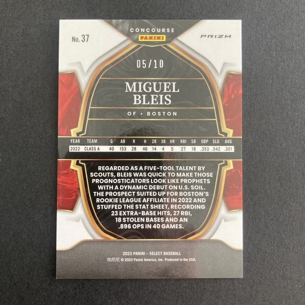 miguel bleis 2023 Panini Select Concourse Level SSP Gold Flash Prizm parallel card #37, serial numbered 05/10