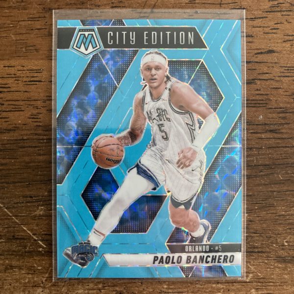 paolo banchero 2024-25 Panini Mosaic City Edition SSP Blue Fluorescent Prizm parallel card, serial numbered 48/75