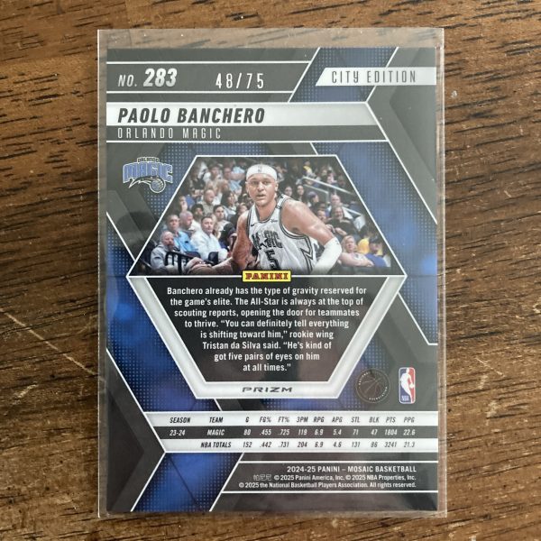 paolo banchero 2024-25 Panini Mosaic City Edition SSP Blue Fluorescent Prizm parallel card, serial numbered 48/75