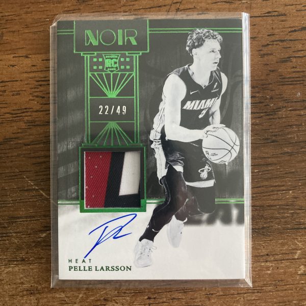 pelle larsson 2024-25 Panini Noir Black & White SSP Green foil parallel rookie patch on-card auto card, serial numbered 22/49