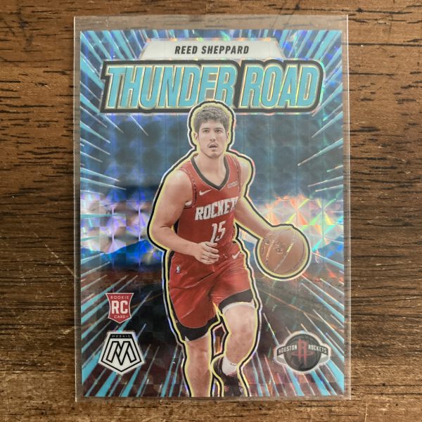 reed sheppard 2024-25 Panini Mosaic Thunder Road SSP Blue Fluorescent Prizm parallel insert rookie card, serial numbered 19/30