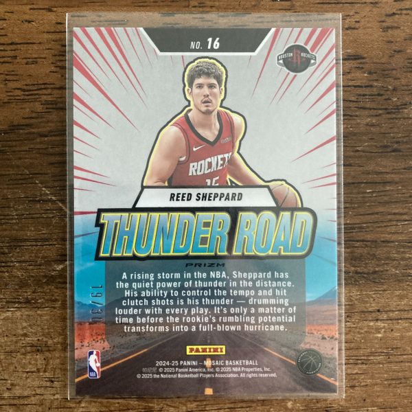 reed sheppard 2024-25 Panini Mosaic Thunder Road SSP Blue Fluorescent Prizm parallel insert rookie card, serial numbered 19/30