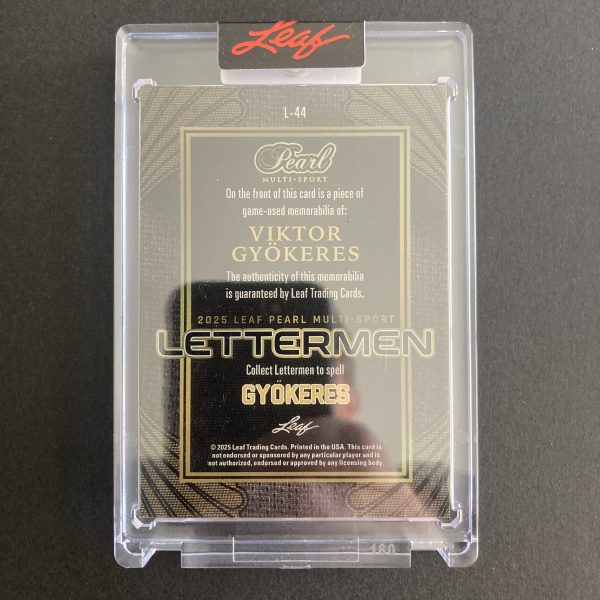 Viktor Gyokeres 2025 Leaf Pearl Multi-Sport SSP Lettermen jumbo game-used name plate memorabilia insert card #L-44, serial numbered 4/8