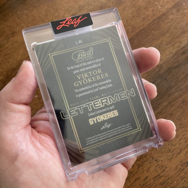 Viktor Gyokeres 2025 Leaf Pearl Multi-Sport SSP Lettermen jumbo game-used name plate memorabilia insert card #L-44, serial numbered 4/8