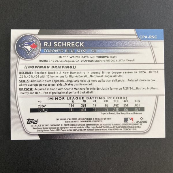 RJ Schreck 2025 Bowman Chrome 1st SSP Black Reptilian Refractor (#'ed 09/10) On-Card Auto CPA-RSC