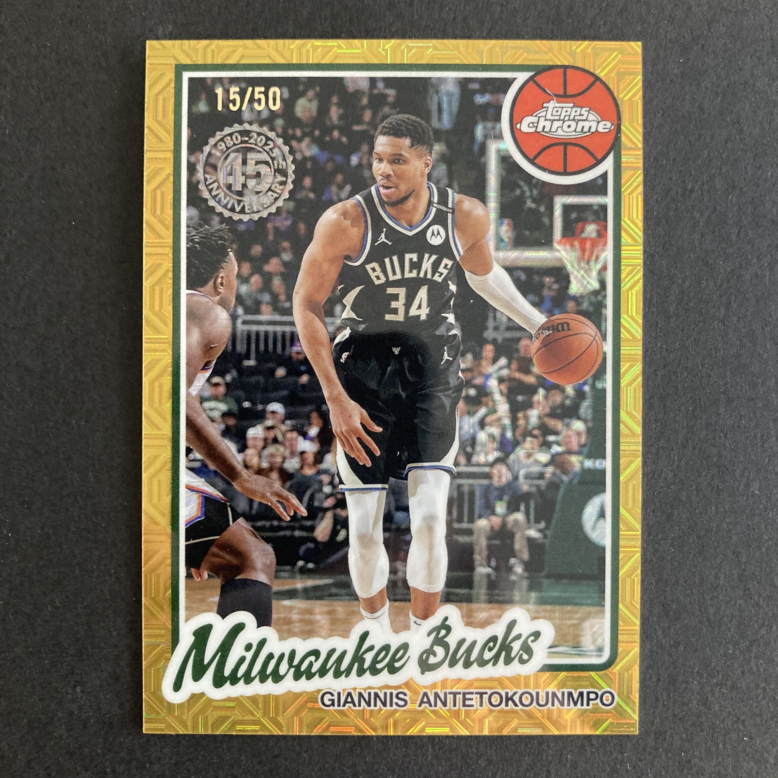 Giannis Antetokounmpo 2025-25 Topps Flagship 45th Anniversary Chrome SSP Gold Mojo Refractor parallel insert card #TC-GA, serial numbered 15/50