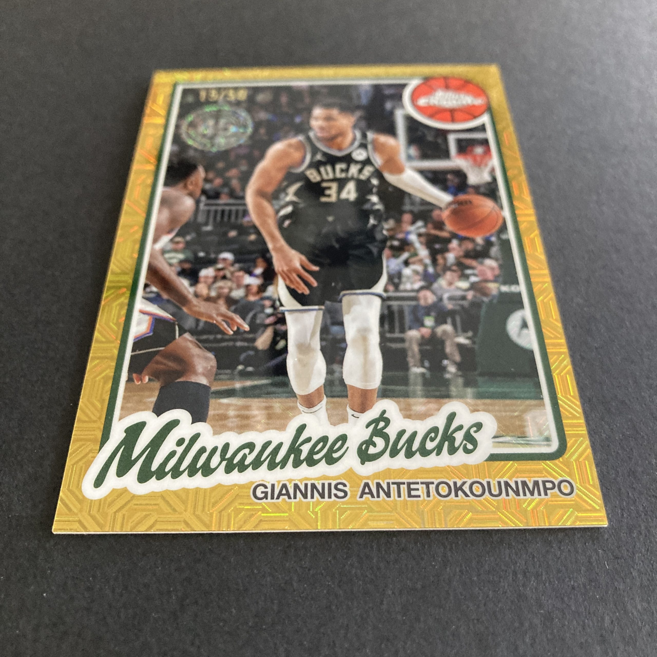 Giannis Antetokounmpo 2025-25 Topps Flagship 45th Anniversary Chrome SSP Gold Mojo Refractor parallel insert card #TC-GA, serial numbered 15/50