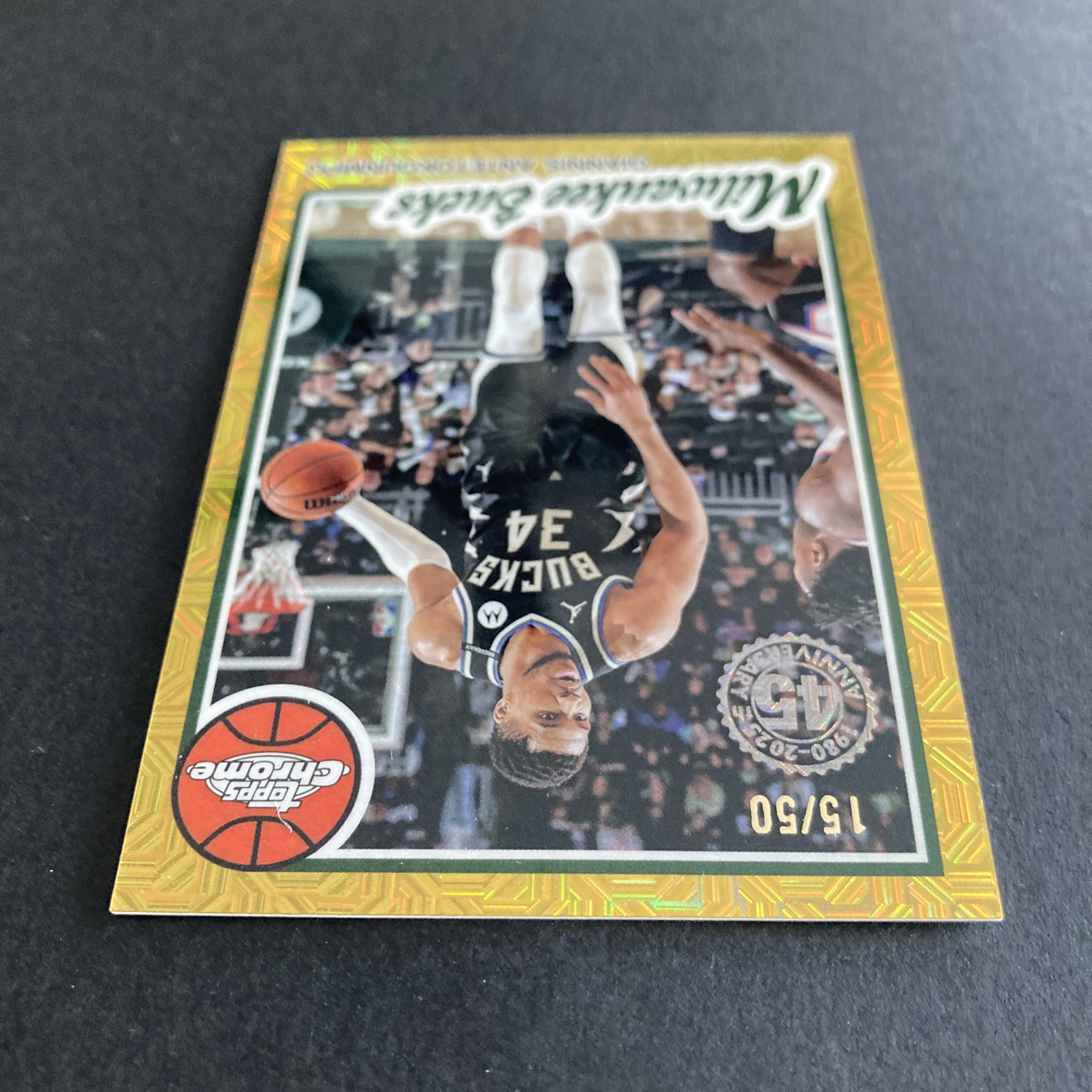Giannis Antetokounmpo 2025-25 Topps Flagship 45th Anniversary Chrome SSP Gold Mojo Refractor parallel insert card #TC-GA, serial numbered 15/50