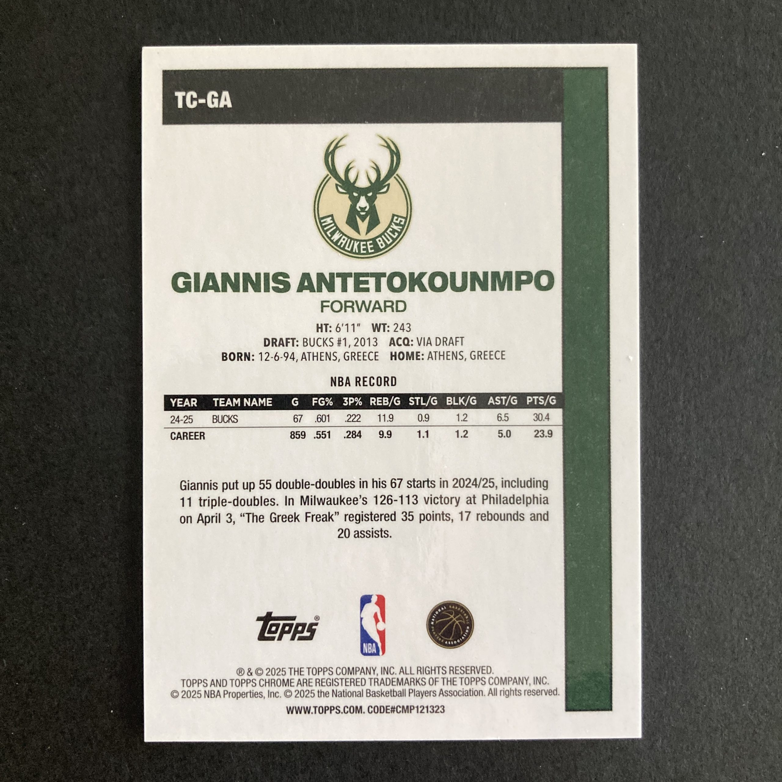 Giannis Antetokounmpo 2025-25 Topps Flagship 45th Anniversary Chrome SSP Gold Mojo Refractor parallel insert card #TC-GA, serial numbered 15/50