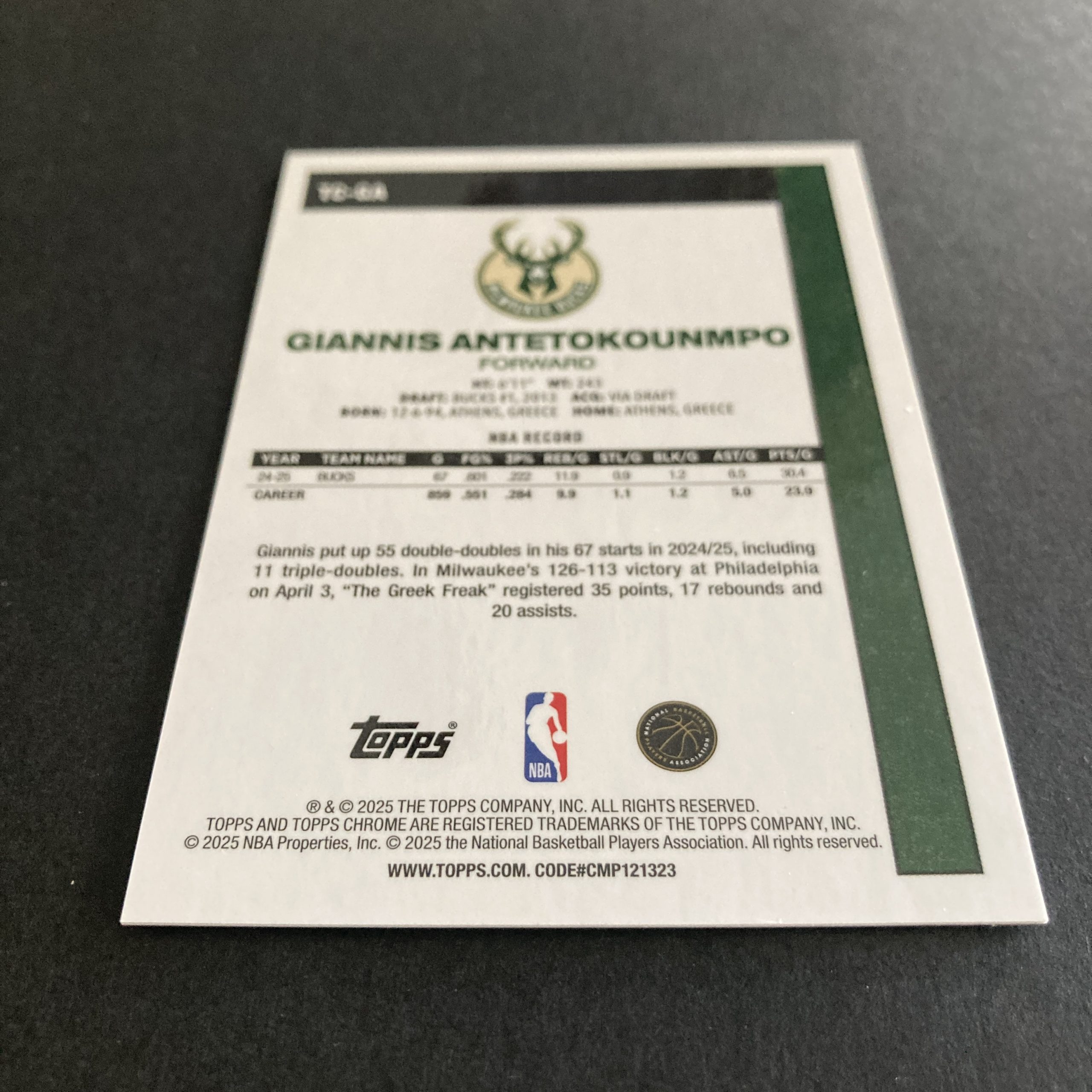 Giannis Antetokounmpo 2025-25 Topps Flagship 45th Anniversary Chrome SSP Gold Mojo Refractor parallel insert card #TC-GA, serial numbered 15/50