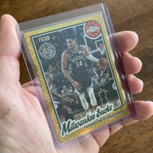 Giannis Antetokounmpo 2025-25 Topps Flagship 45th Anniversary Chrome SSP Gold Mojo Refractor parallel insert card #TC-GA, serial numbered 15/50