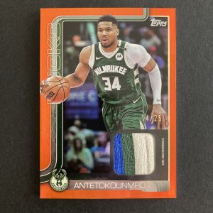 Giannis Antetokounmpo 2025-26 Topps Flagship Real One Relics SSP Orange Rainbow foil parallel game-used memorabilia card #FRO-GA, serial numbered 14/25
