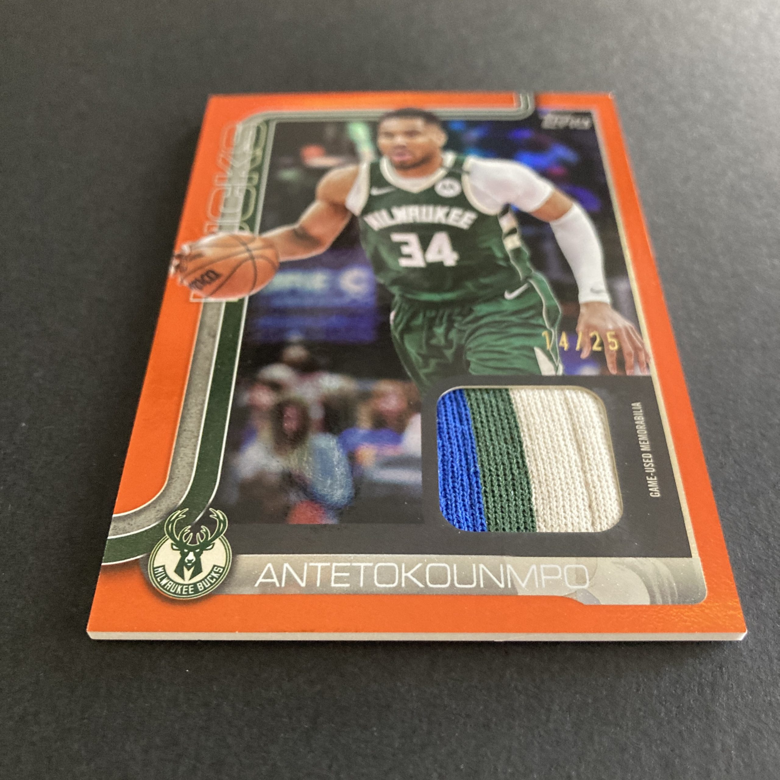 Giannis Antetokounmpo 2025-26 Topps Flagship Real One Relics SSP Orange Rainbow foil parallel game-used memorabilia card #FRO-GA, serial numbered 14/25