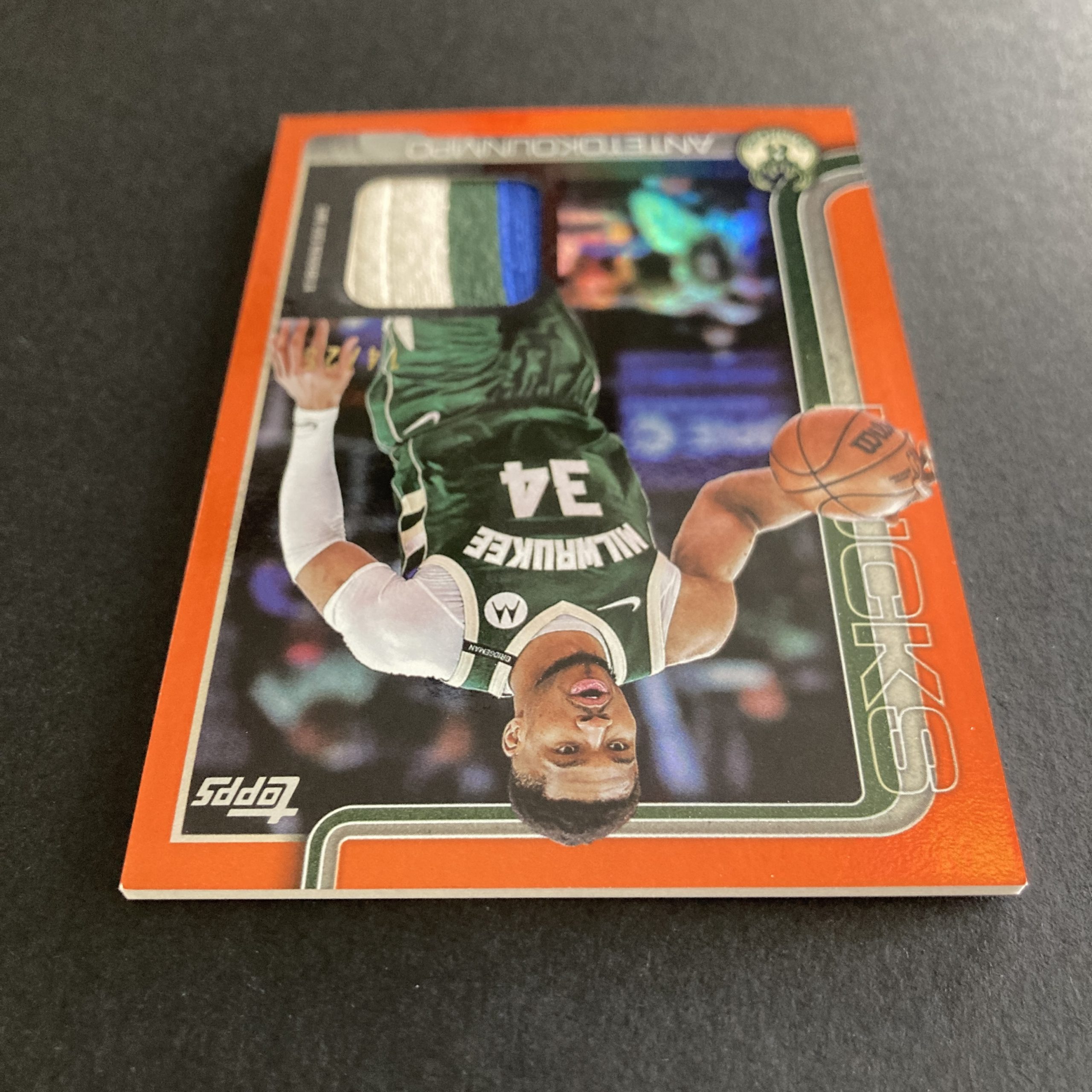 Giannis Antetokounmpo 2025-26 Topps Flagship Real One Relics SSP Orange Rainbow foil parallel game-used memorabilia card #FRO-GA, serial numbered 14/25